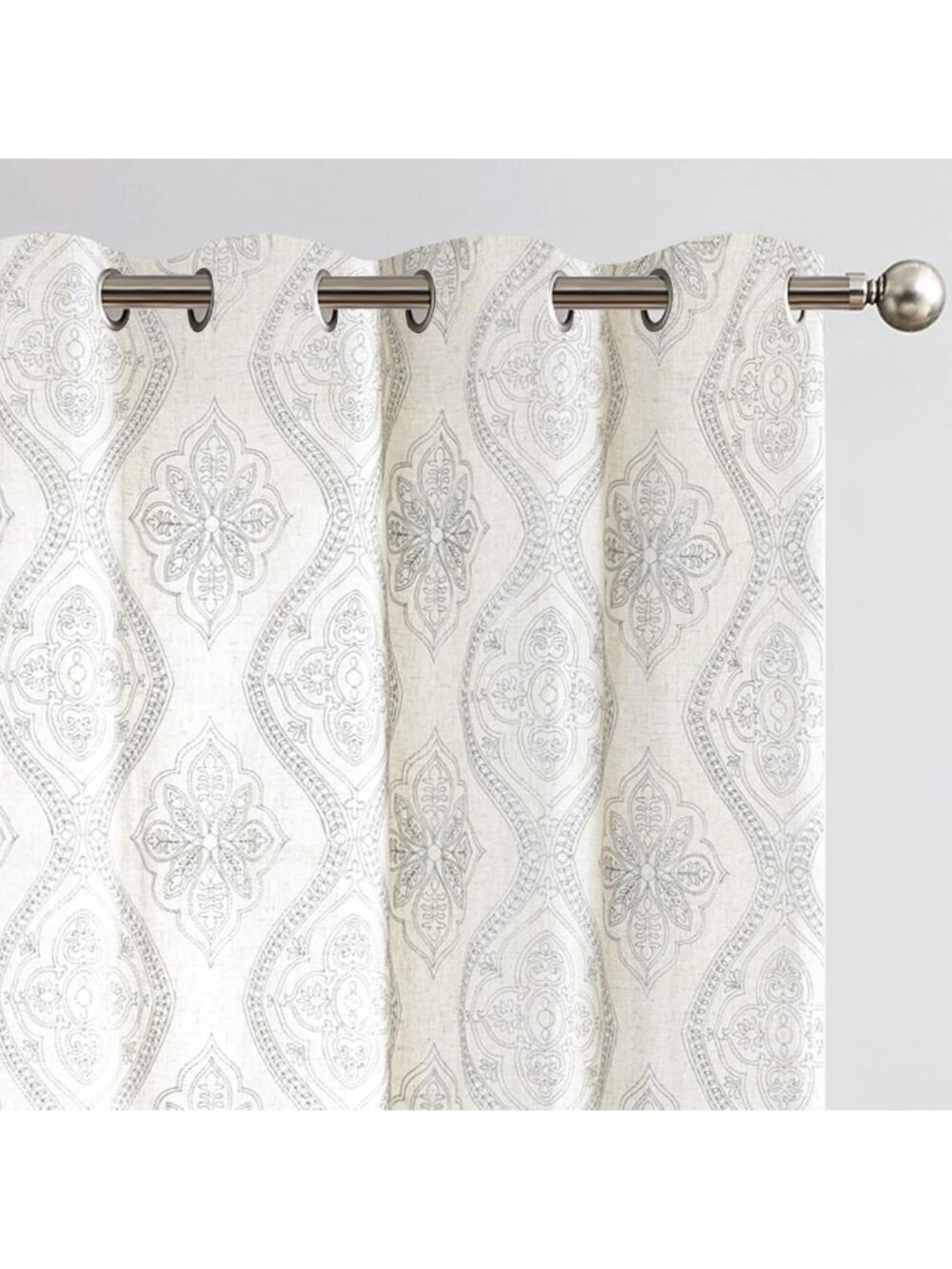 Boho Floral Linen Curtains 84" Grey & Ecru Grommet 2 Panels, Light Filtering